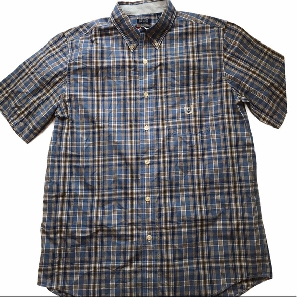 Chaps Blue Med Plaid Casual Career Button Down Preppy Short Sleeve Dress… - Picture 1 of 6